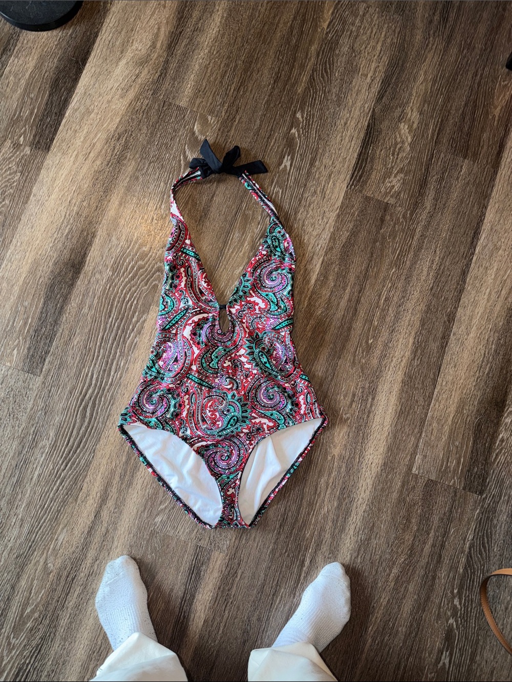 Liz Claiborne Red, Teal & Black Paisley One-Piece Swimsuit